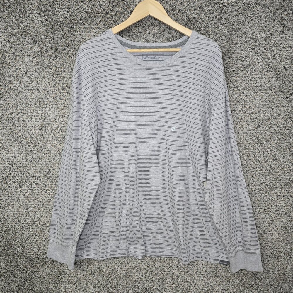 Eddie Bauer Shirt Mens 2XL Gray Striped Crew Neck Legendwash Cotton‎ Casual